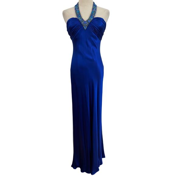 Y2K cache royal blue silk dress turquoise beaded halter gown sz 2 prom boho - Picture 1 of 13